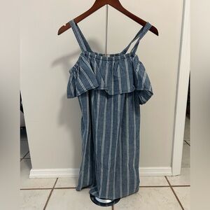 J Crew Sz L Striped Blue Ruffle Top
